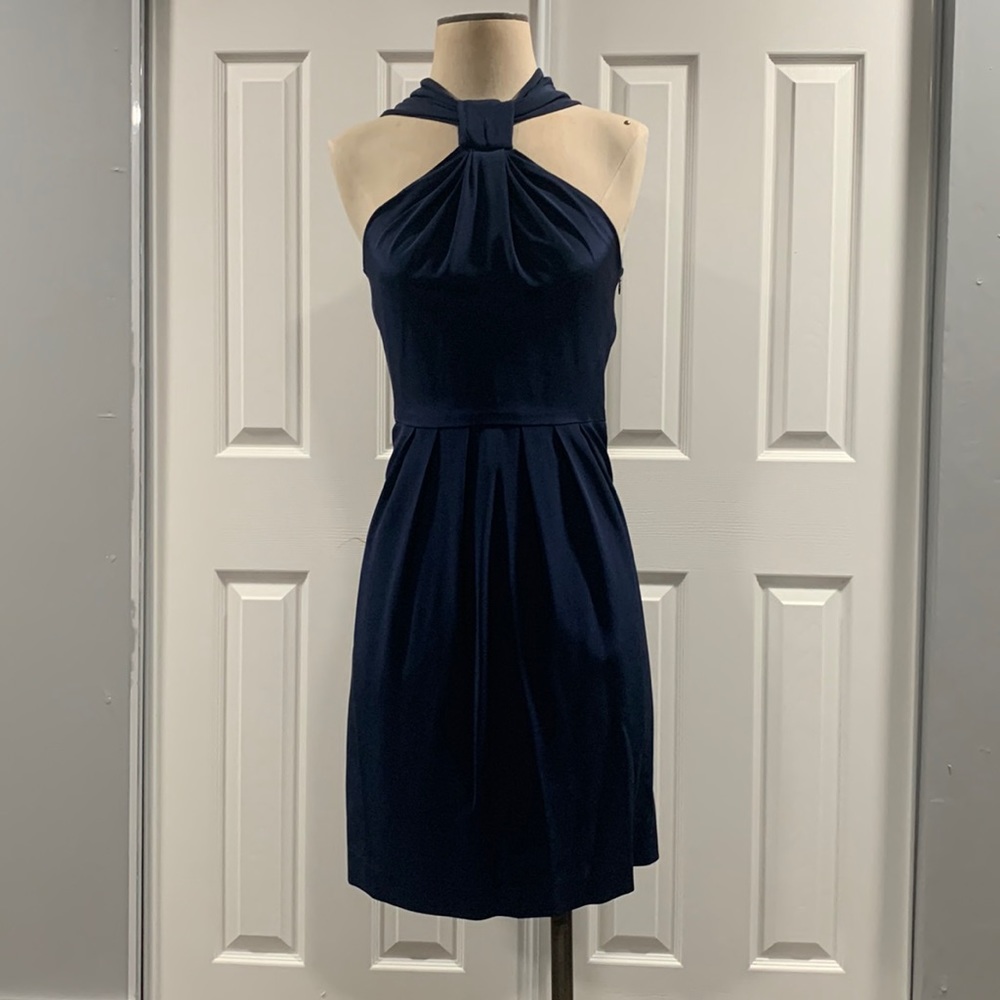 Navy high neckline bodycon dress